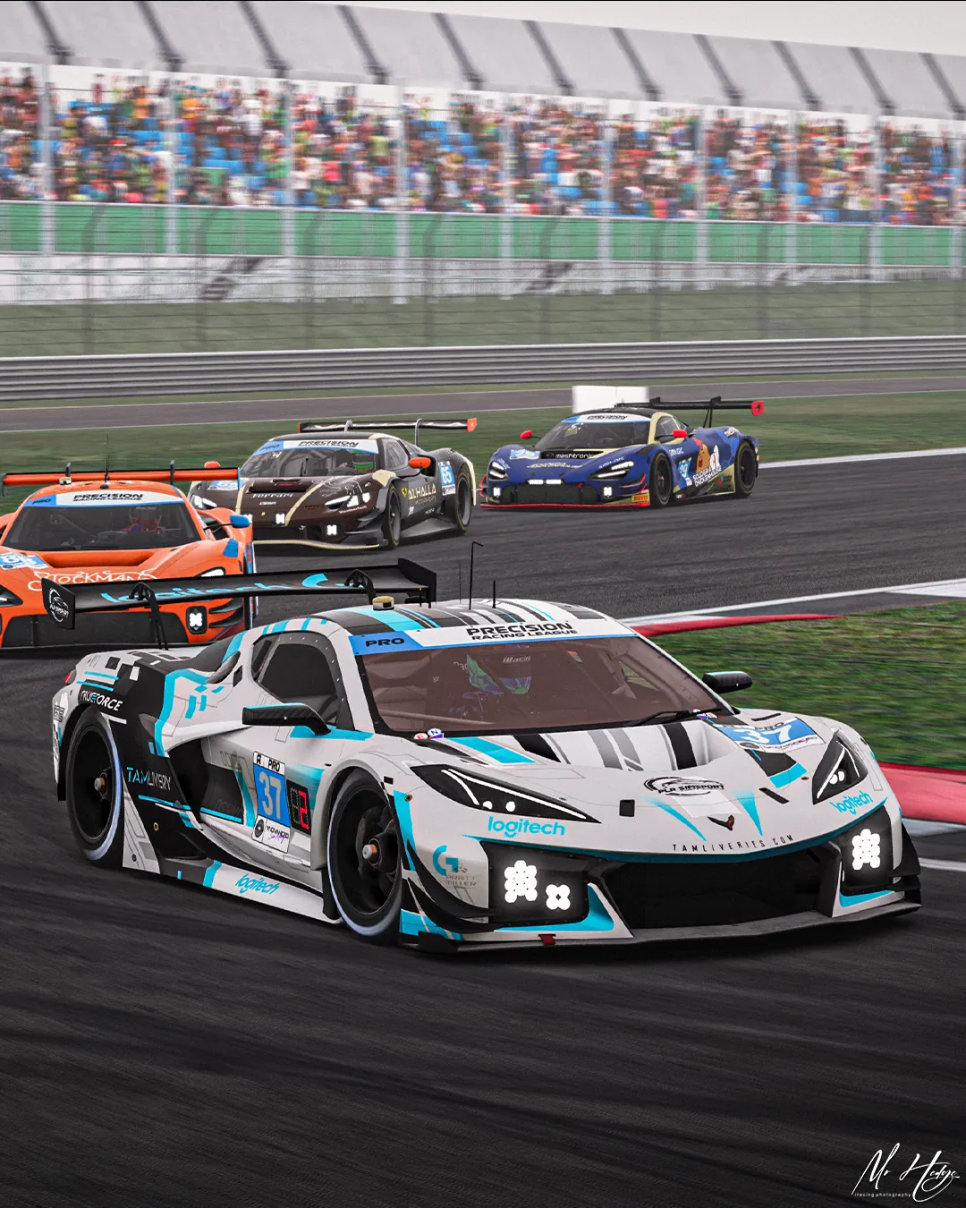 PLR Simsport Corvette GT3 leading a pack of GT cars