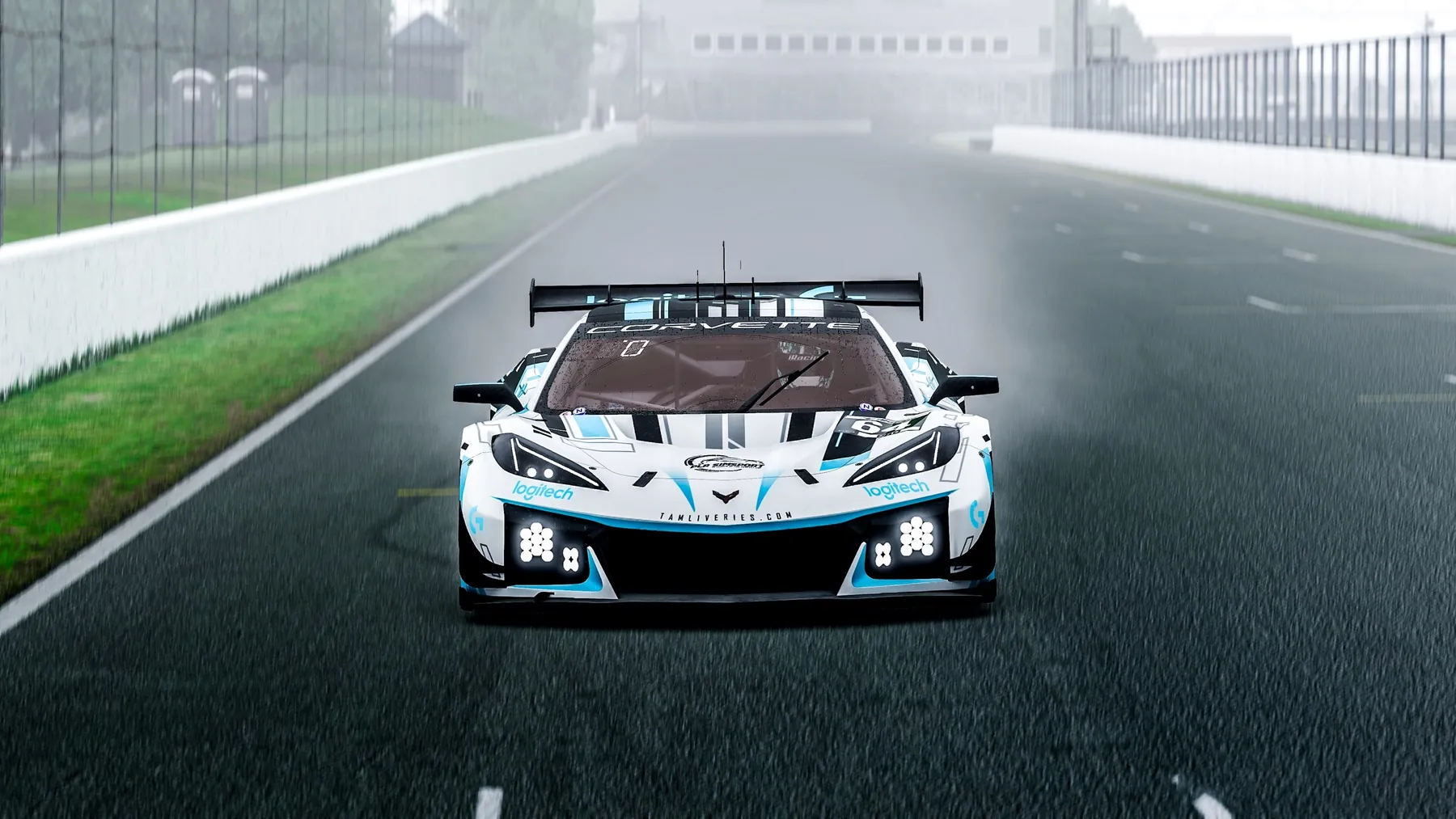 PLR Simsport Corvette GT3 head-on on a misty straight