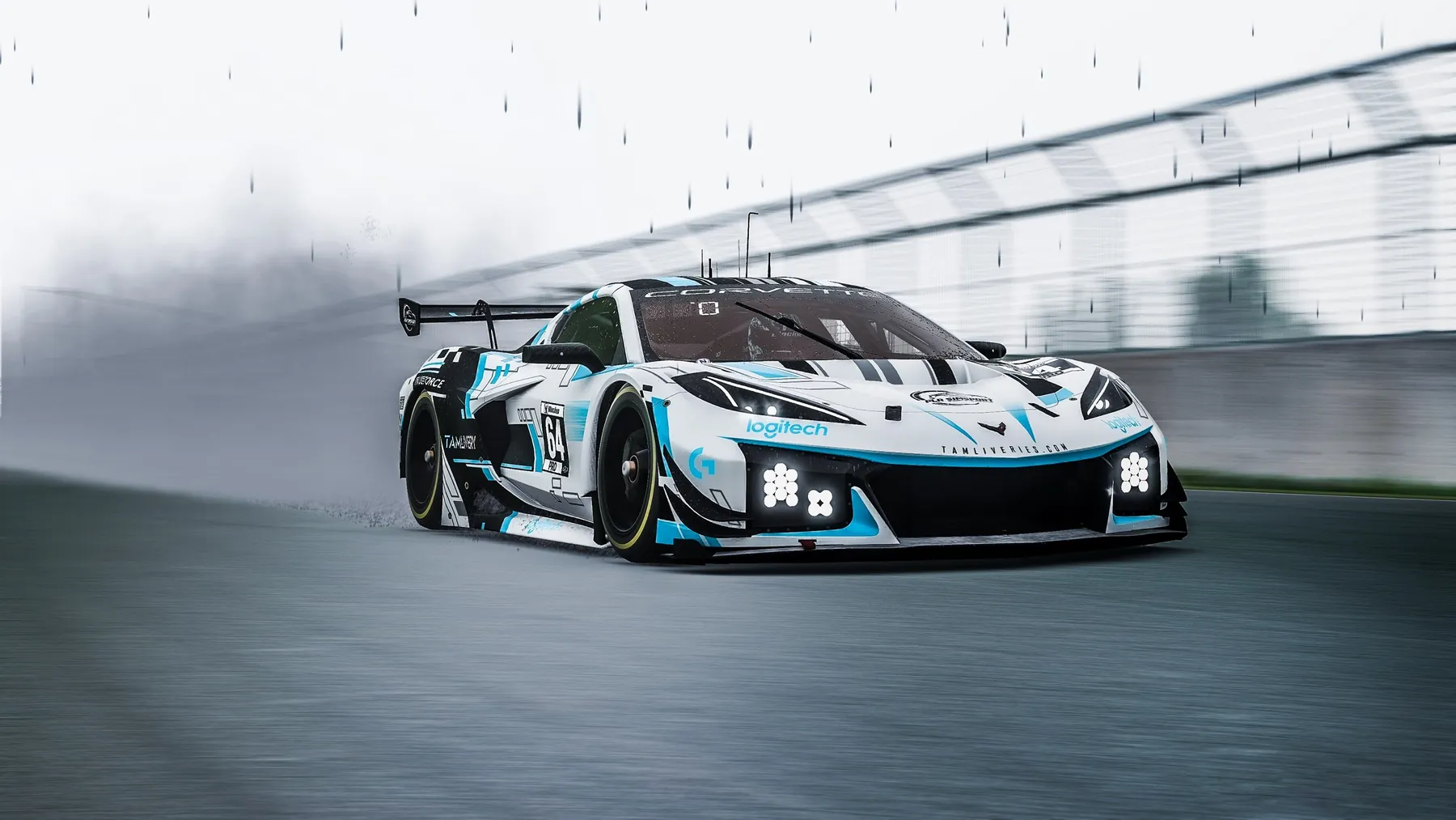PLR Simsport Corvette GT3 racing in the wet at Daytona